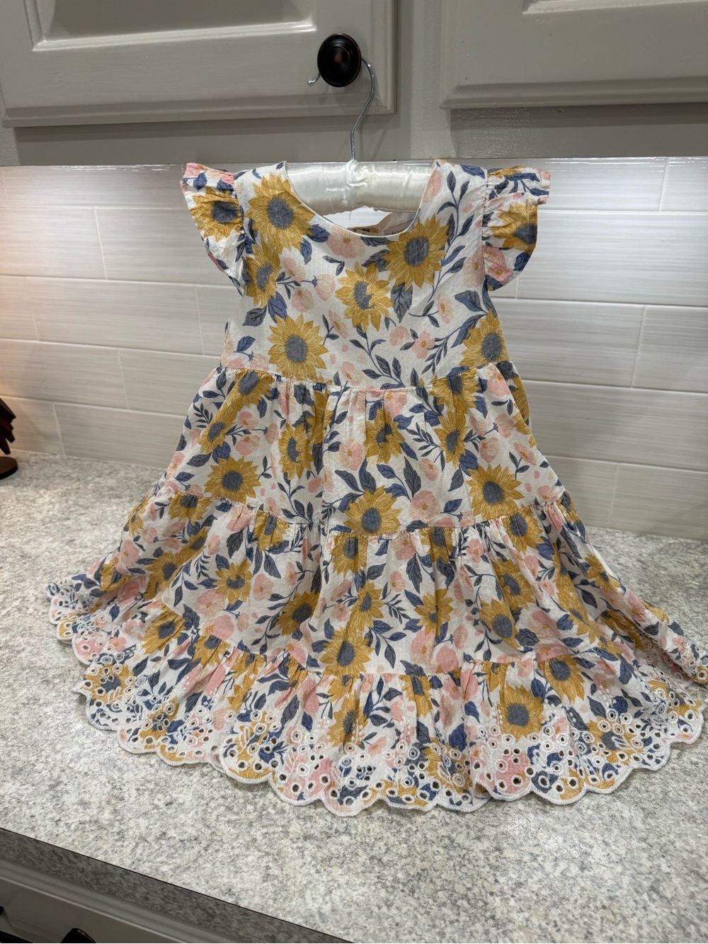 Girls Floral Sunflower Tiered Dress - Yellow & Pink Size 4T